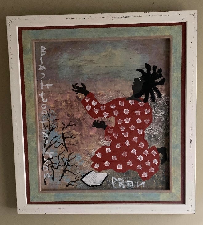 Mixed media artwork with silhouette figure in red floral dress, bare tree branches, and distressed layered frame with muted colors