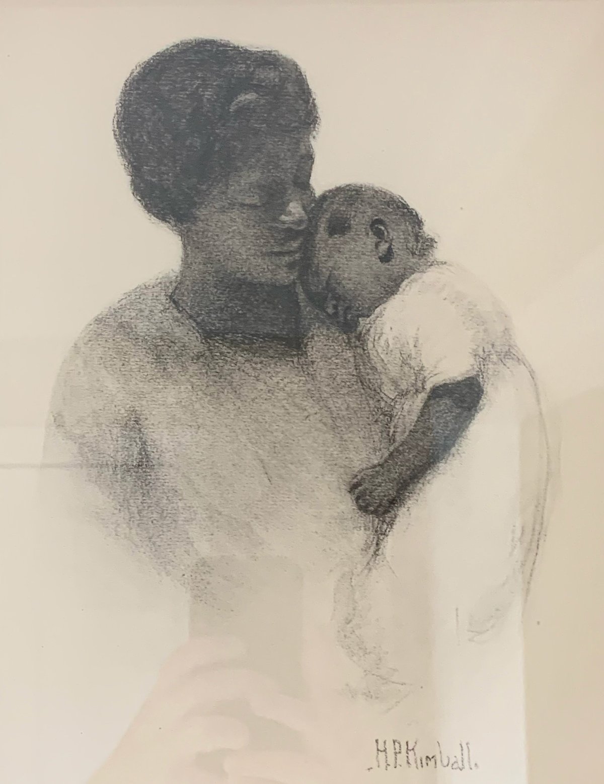 Pencil sketch of an adult holding a small child, both shown in profile against a light background