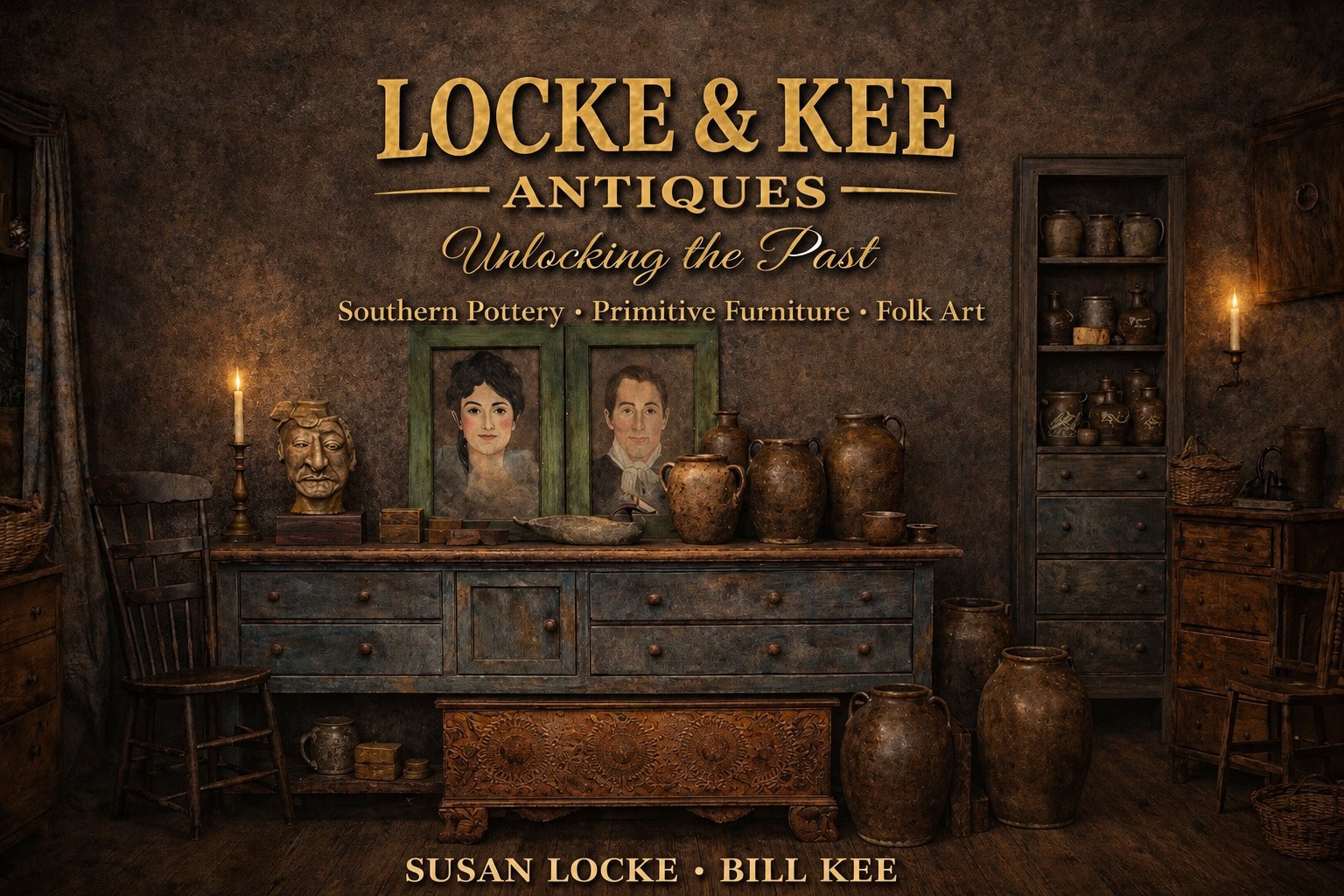 Locke & Kee Antiques storefront display featuring vintage pottery, portraits, and folk art arranged on wooden furniture against a dark rustic background